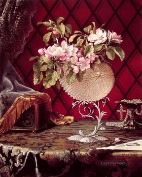 Naturaleza muerta con flores de manzano en una concha de nautilus Flor romántica Martin Johnson Heade Pinturas al óleo